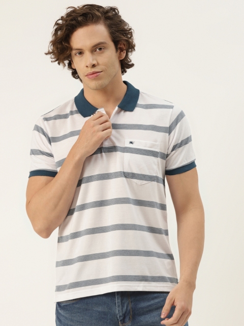 

Monte Carlo Men White & Teal Blue Striped Polo Collar T-shirt