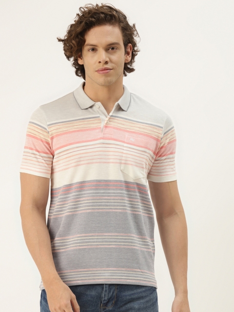

Monte Carlo Men White & Blue Striped Polo Collar T-shirt