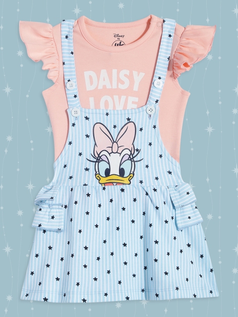

YK Disney Infant Girls Pink & Blue Printed Pure Cotton T-shirt with Dungaree