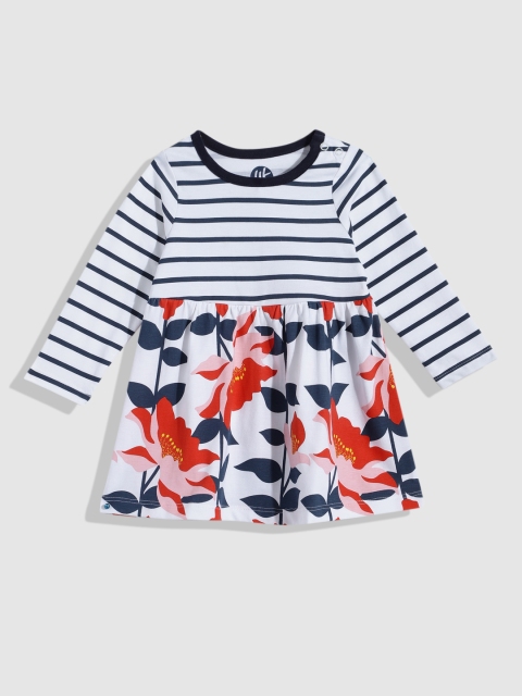 

YK Infant Girls White & Navy Blue Floral Pure Cotton A-Line Dress