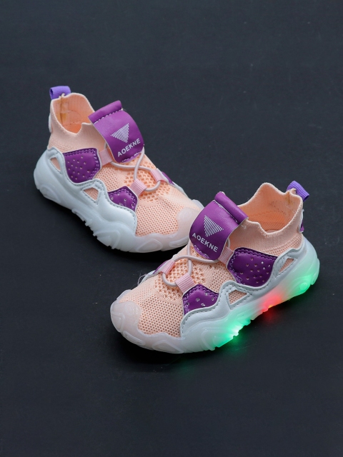 

FEETWELL SHOES Kids Peach-Coloured LED Woven Design Sneakers