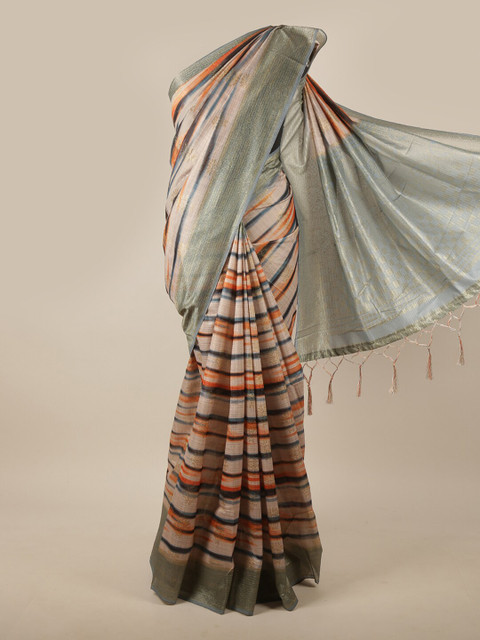 

Pothys Beige & Orange Striped Jute Silk Saree