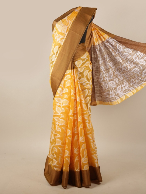 

Pothys Yellow & Gold-Toned Floral Printed Zari Border Saree