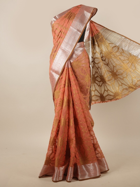 

Pothys Peach-Coloured & Silver-Toned Floral Zari Jute Silk Saree