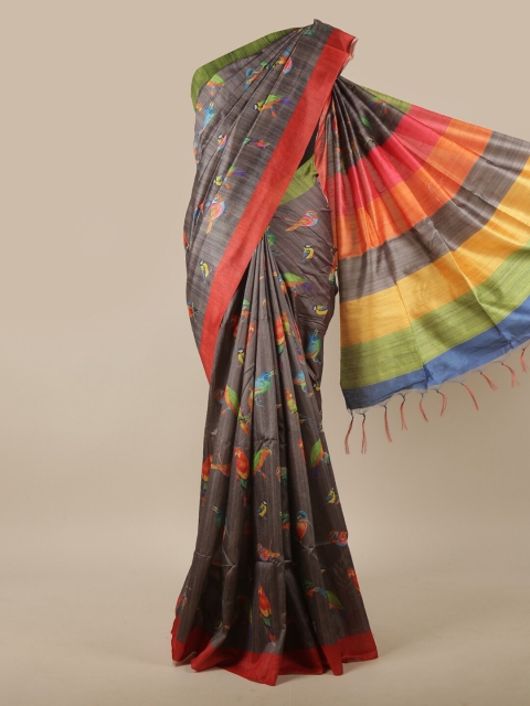 

Pothys Grey & Red Floral Jute Silk Saree