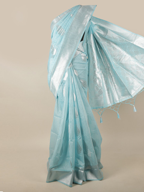 

Pothys Blue & Silver-Toned Ethnic Motifs Zari Jute Silk Saree