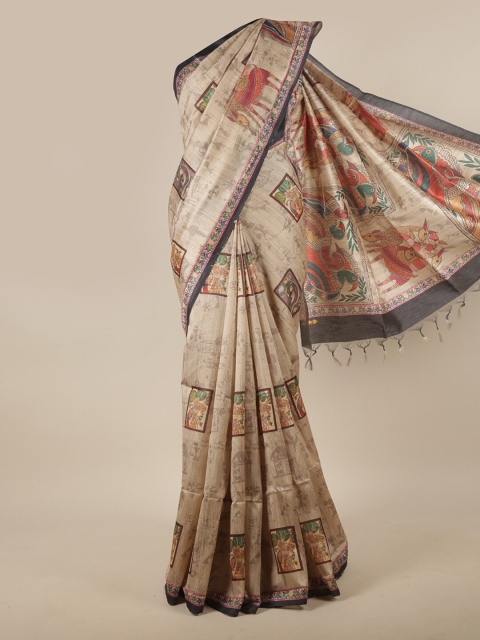 

Pothys Cream-Coloured & Grey Ethnic Motifs Jute Silk Saree