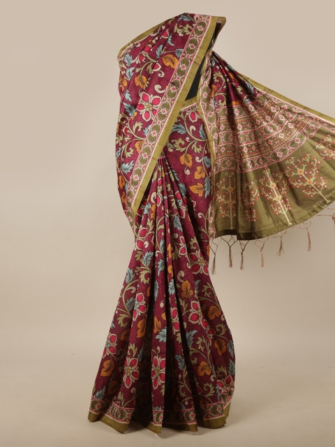 

Pothys Maroon & Green Floral Printed Jute Silk Saree