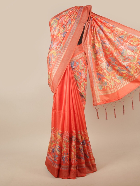 

Pothys Orange Floral Printed Jute Silk Saree