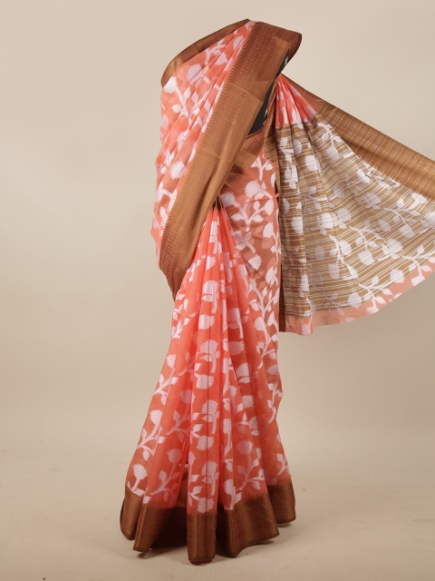 

Pothys Peach-Coloured & Brown Floral Zari Saree