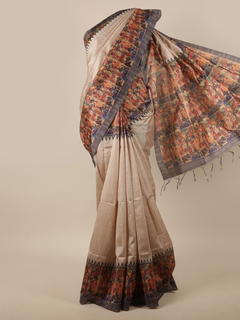 

Pothys Cream-Coloured & Red Ethnic Motifs Jute Silk Saree