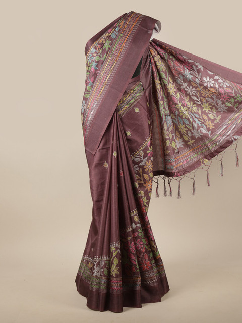 

Pothys Brown & Green Floral Printed Jute Silk Saree