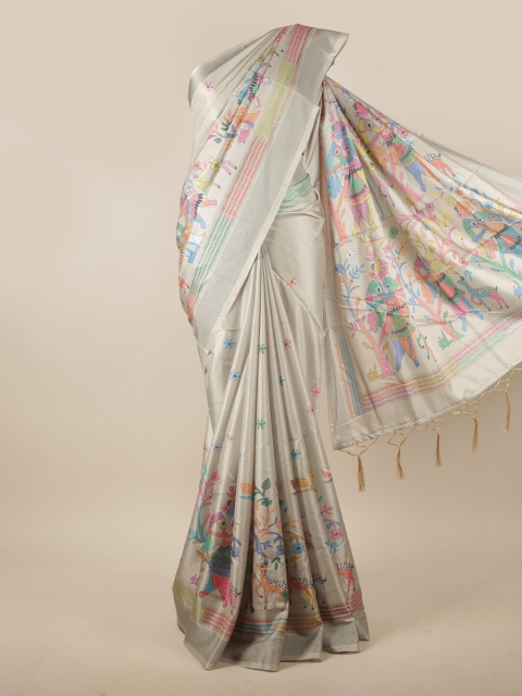 

Pothys Cream-Coloured & Pink Floral Jute Silk Saree