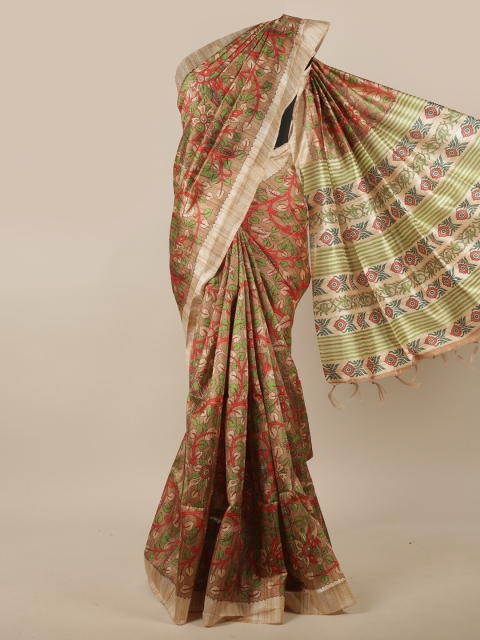 

Pothys Cream-Coloured & Red Floral Jute Silk Saree