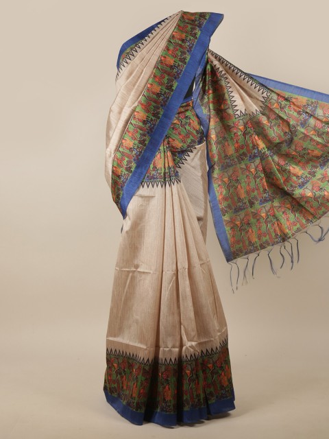 

Pothys Cream-Coloured & Green Ethnic Motifs Jute Silk Saree