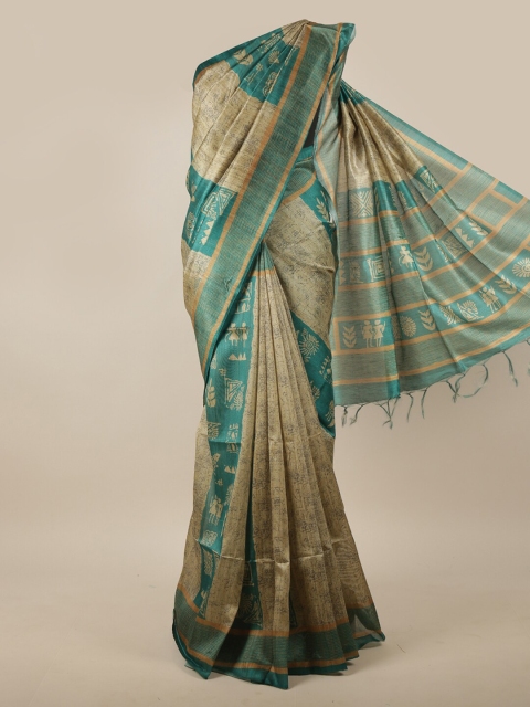 

Pothys Beige & Green Ethnic Motifs Printed Jute Silk Saree