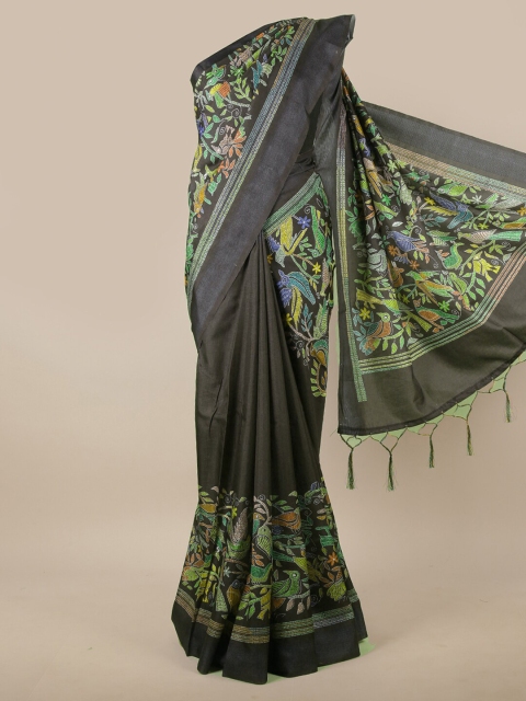 

Pothys Grey & Green Ethnic Motifs Jute Silk Saree