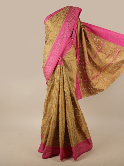 

Pothys Cream-Coloured & Pink Floral Jute Silk Saree