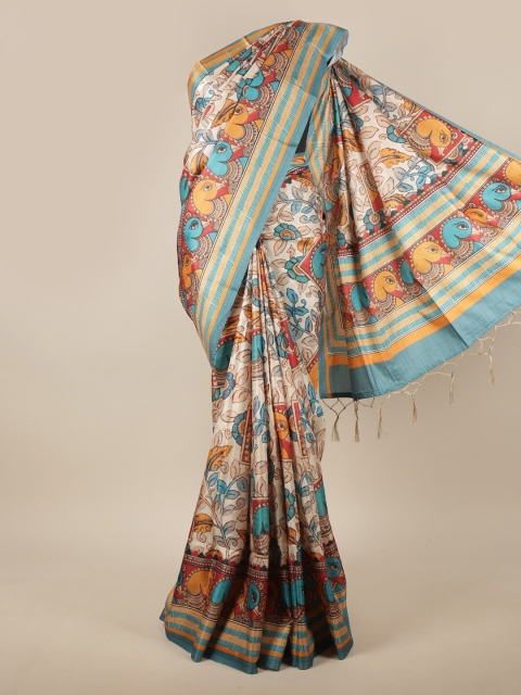 

Pothys White & Blue Floral Jute Silk Saree