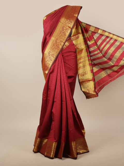 

Pothys Maroon & Gold-Toned Ethnic Motifs Zari Jute Silk Saree