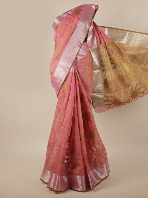 

Pothys Pink & Silver-Toned Floral Jute Silk Saree
