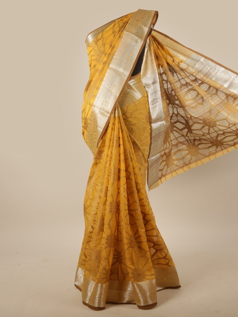 

Pothys Mustard & Silver-Toned Woven Design Zari Jute Silk Saree
