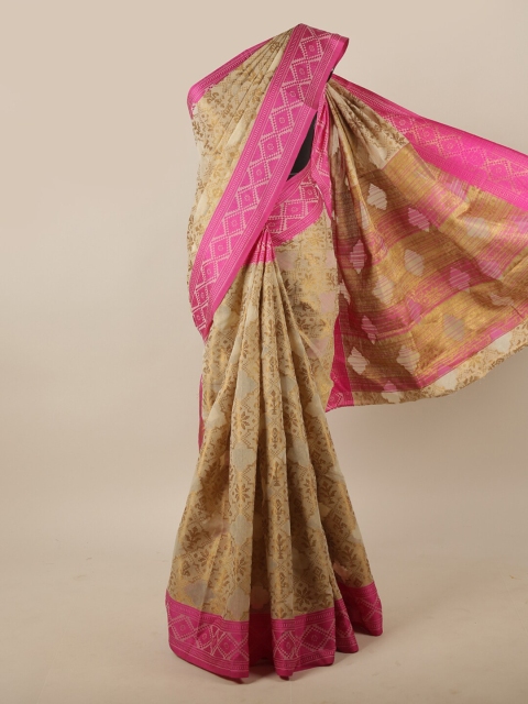 

Pothys Cream-Coloured & Pink Floral Jute Silk Saree