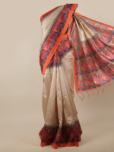 

Pothys Cream-Coloured & Pink Jute Silk Saree
