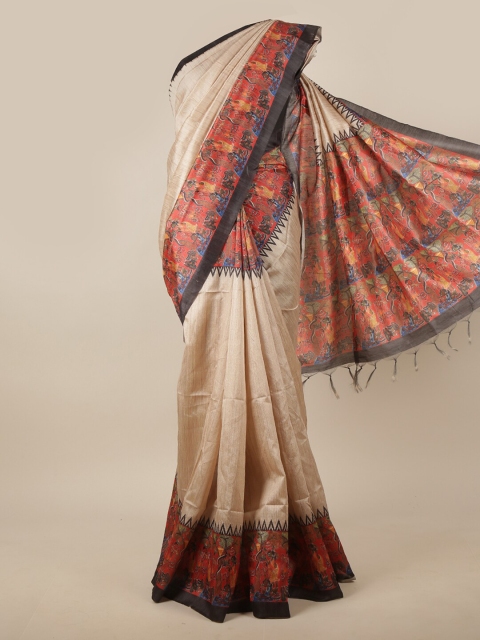 

Pothys Cream-Coloured & Orange Ethnic Motifs Printed Jute Silk Saree