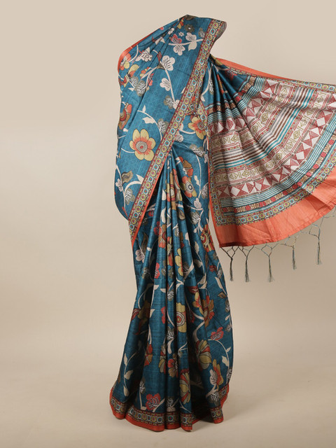 

Pothys Blue & Orange Floral Jute Silk Saree