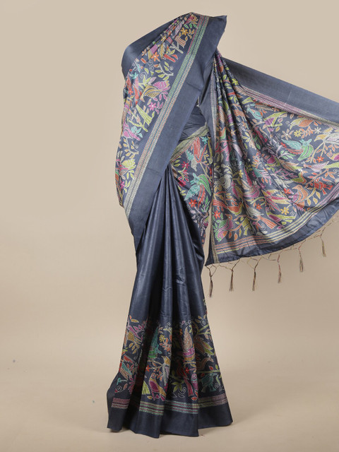 

Pothys Grey & Green Floral Printed Jute Silk Saree