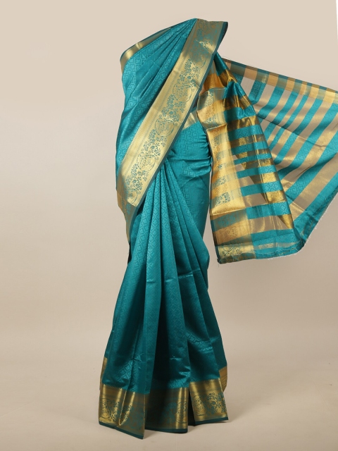 

Pothys Teal & Gold-Toned Ethnic Motifs Zari Jute Silk Saree