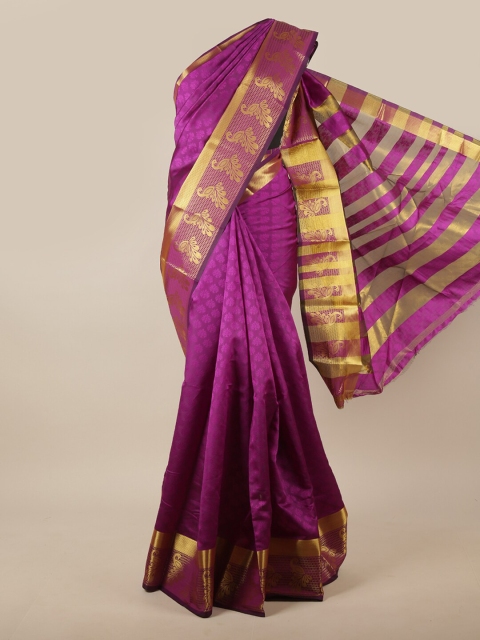 

Pothys Violet & Gold-Toned Woven Design Zari Jute Silk Saree