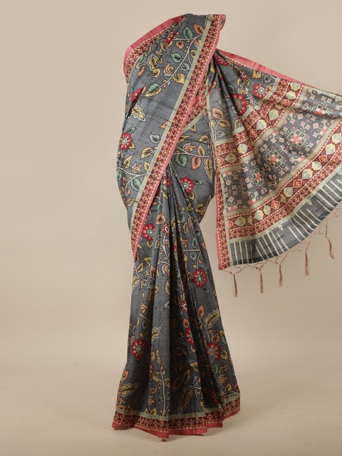 

Pothys Grey & Red Floral Printed Jute Silk Saree