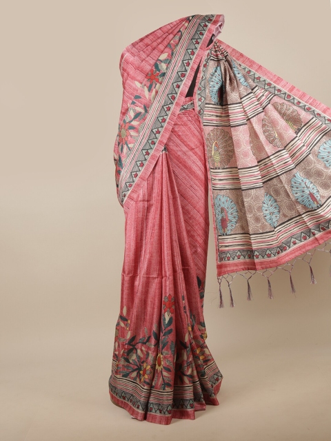 

Pothys Pink & Green Floral Jute Silk Saree