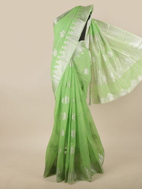 

Pothys Green & Silver-Toned Woven Design Zari Jute Silk Saree