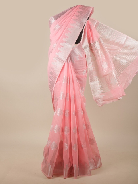 

Pothys Pink & Silver-Toned Ethnic Motifs Zari Jute Silk Saree