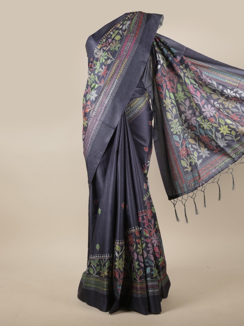 

Pothys Grey Floral Printed Jute Silk Saree