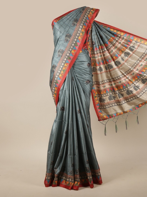 

Pothys Grey & Orange Ethnic Motifs Jute Silk Saree