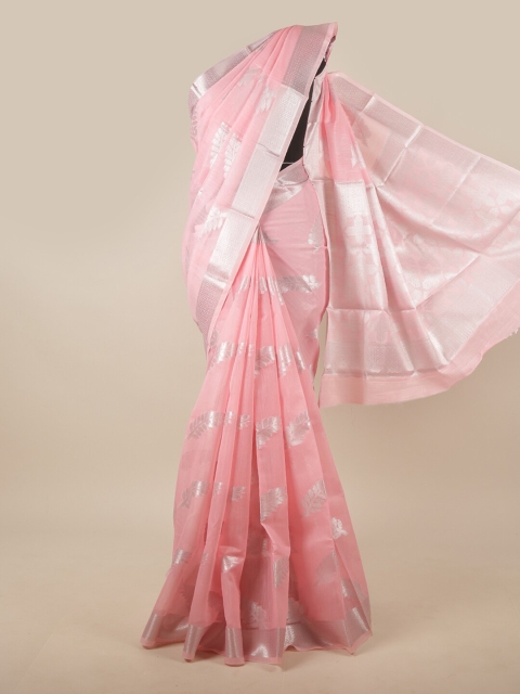 

Pothys Pink & Silver-Toned Floral Zari Jute Silk Saree