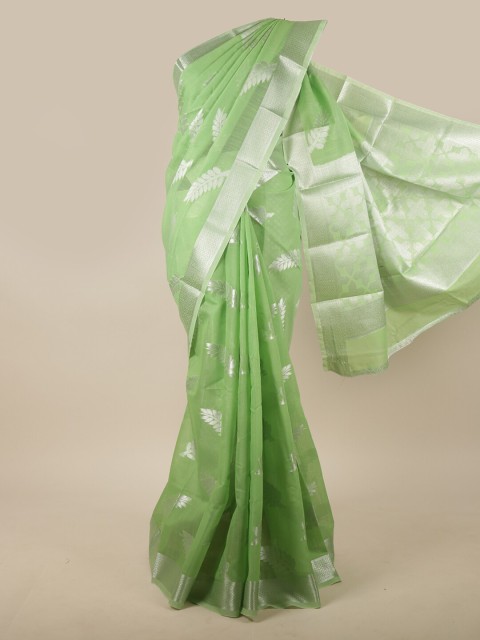 

Pothys Green & Silver-Toned Floral Zari Jute Silk Saree