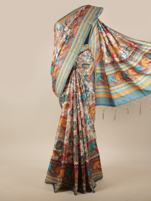 

Pothys Cream-Coloured & Blue Floral Jute Silk Saree