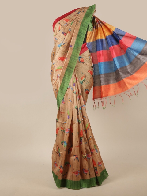 

Pothys Cream-Coloured & Green Printed Jute Silk Saree