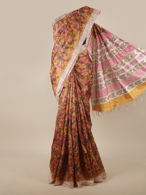 

Pothys Mustard & Pink Floral Jute Silk Saree