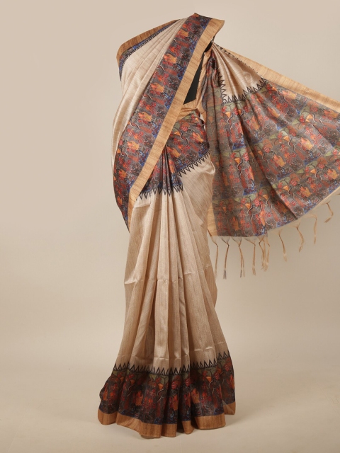

Pothys Cream-Coloured & Brown Ethnic Motifs Printed Jute Silk Saree