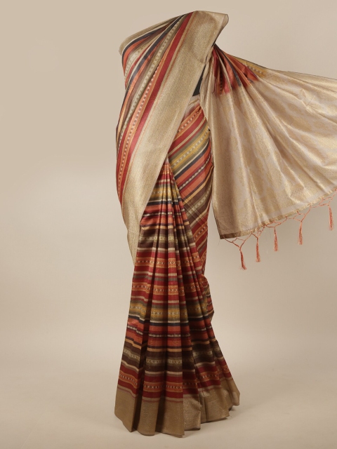

Pothys Beige & Maroon Striped Jute Silk Saree