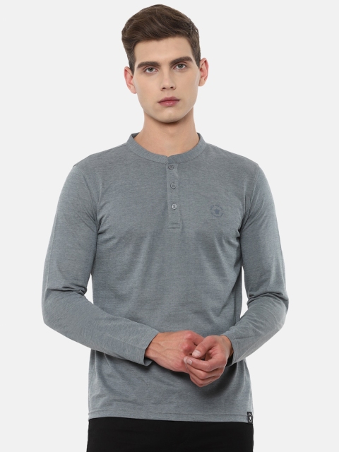 

Louis Philippe ATHPLAY Men Grey Mandarin Collar Slim Fit Pure Cotton T-shirt