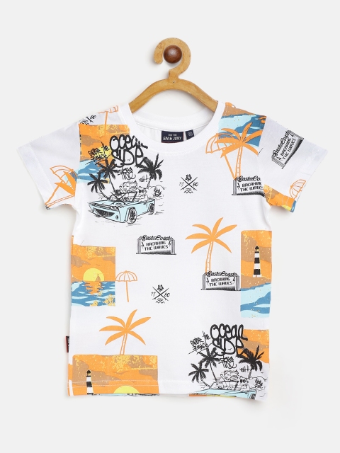 

Gini and Jony Boys White & Orange Pure Cotton Tropical Print T-shirt