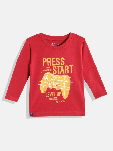 

Gini and Jony Boys Red & Mustard Yellow Pure Cotton Graphic Print T-shirt