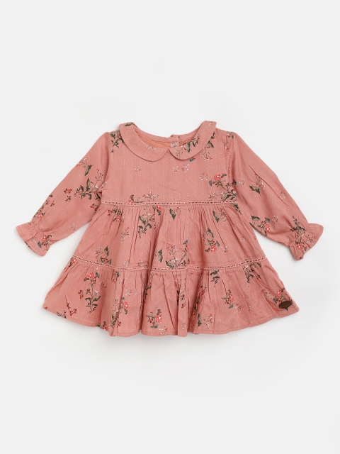 

Gini and Jony Peach-Coloured & Green Self Design Floral Peter Pan Collar A-Line Dress